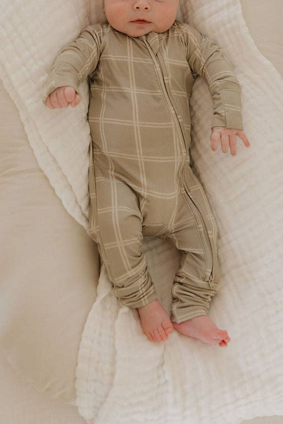 Bamboo Zip Pajamas | Linen Grid: 3-6 Months