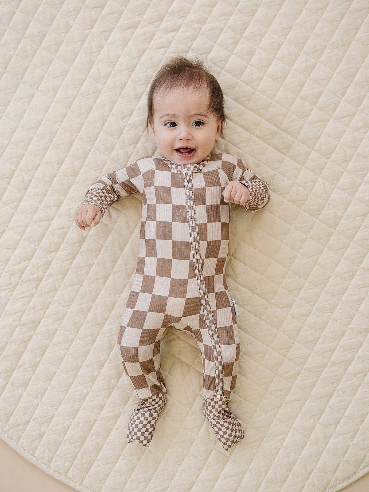 Ribbed Bamboo Zip Romper | Latte Checkered: 6-12M