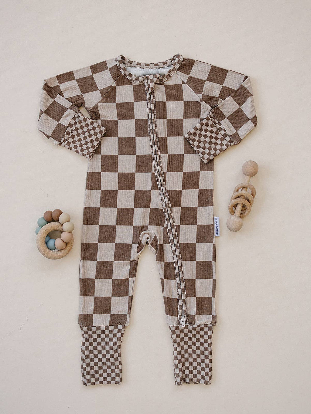 Ribbed Bamboo Zip Romper | Latte Checkered: 6-12M