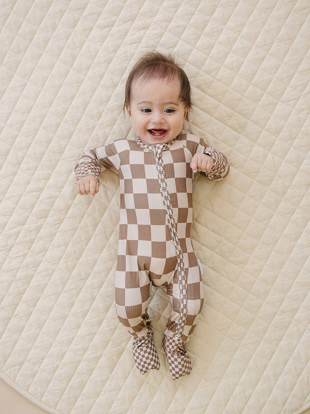 Ribbed Bamboo Zip Romper | Latte Checkered: 6-12M