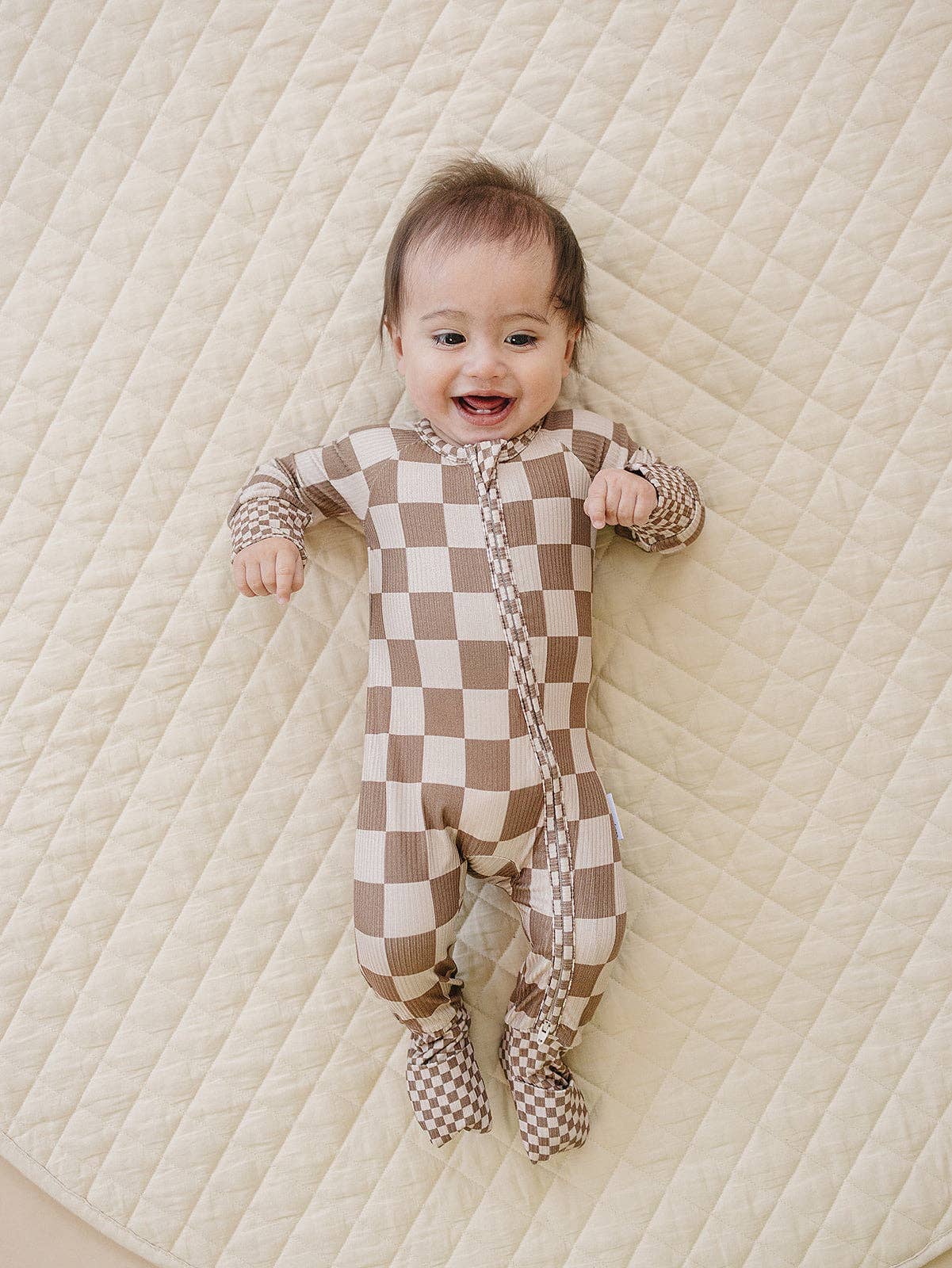 Ribbed Bamboo Zip Romper | Latte Checkered: 6-12M