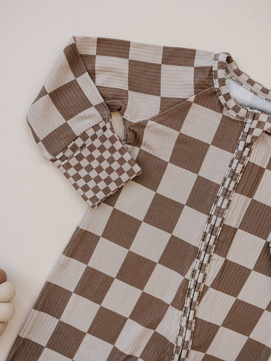 Ribbed Bamboo Zip Romper | Latte Checkered: 12-18M