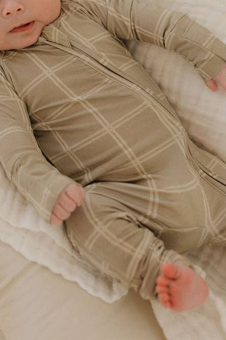 Bamboo Zip Pajamas | Linen Grid: 3-6 Months