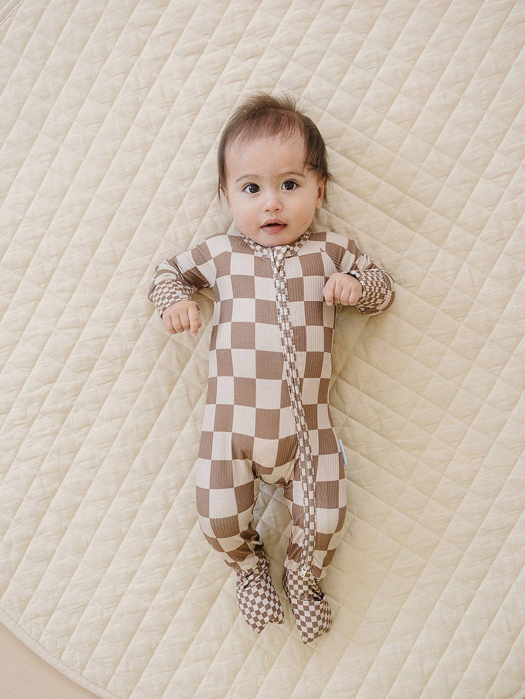 Ribbed Bamboo Zip Romper | Latte Checkered: 6-12M