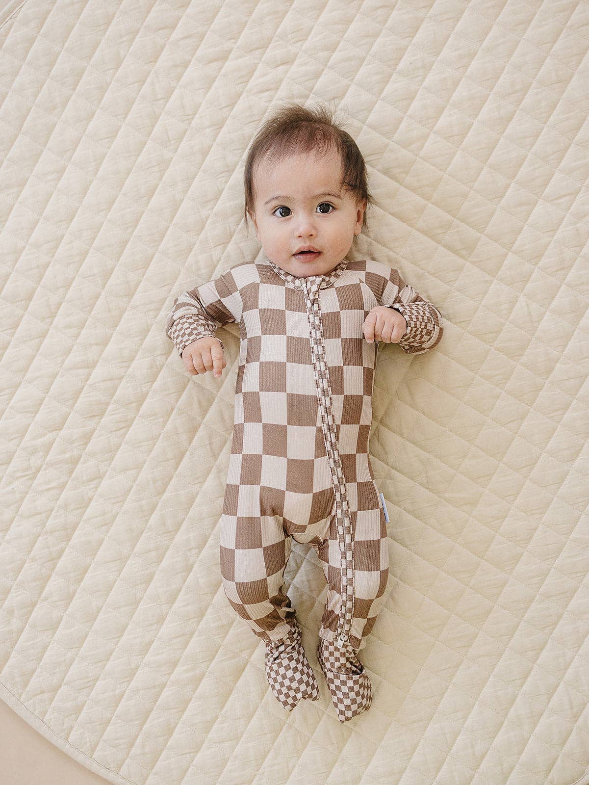 Ribbed Bamboo Zip Romper | Latte Checkered: 12-18M